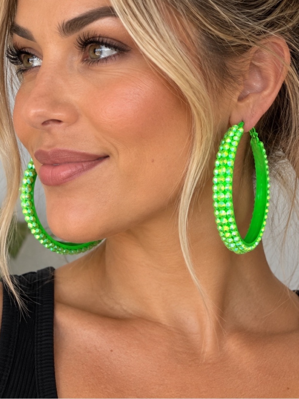 Neon Green Rhinestone Hoop Earrings - Picture 1 of 2